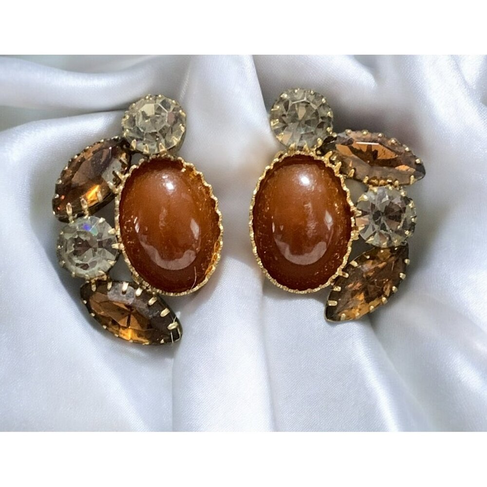 VTG Juliana Gold Clip-On Earrings Amber Glass Clear Rhinestones Glam